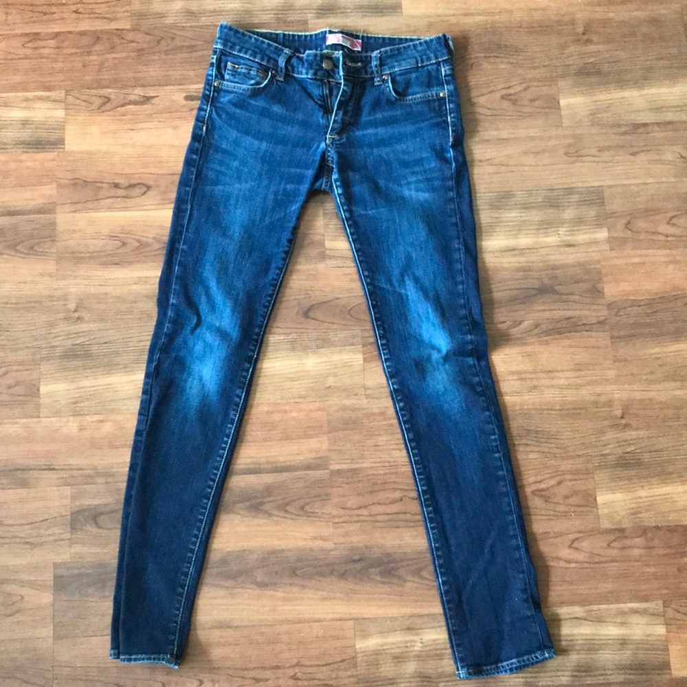 Dark wash jeans.